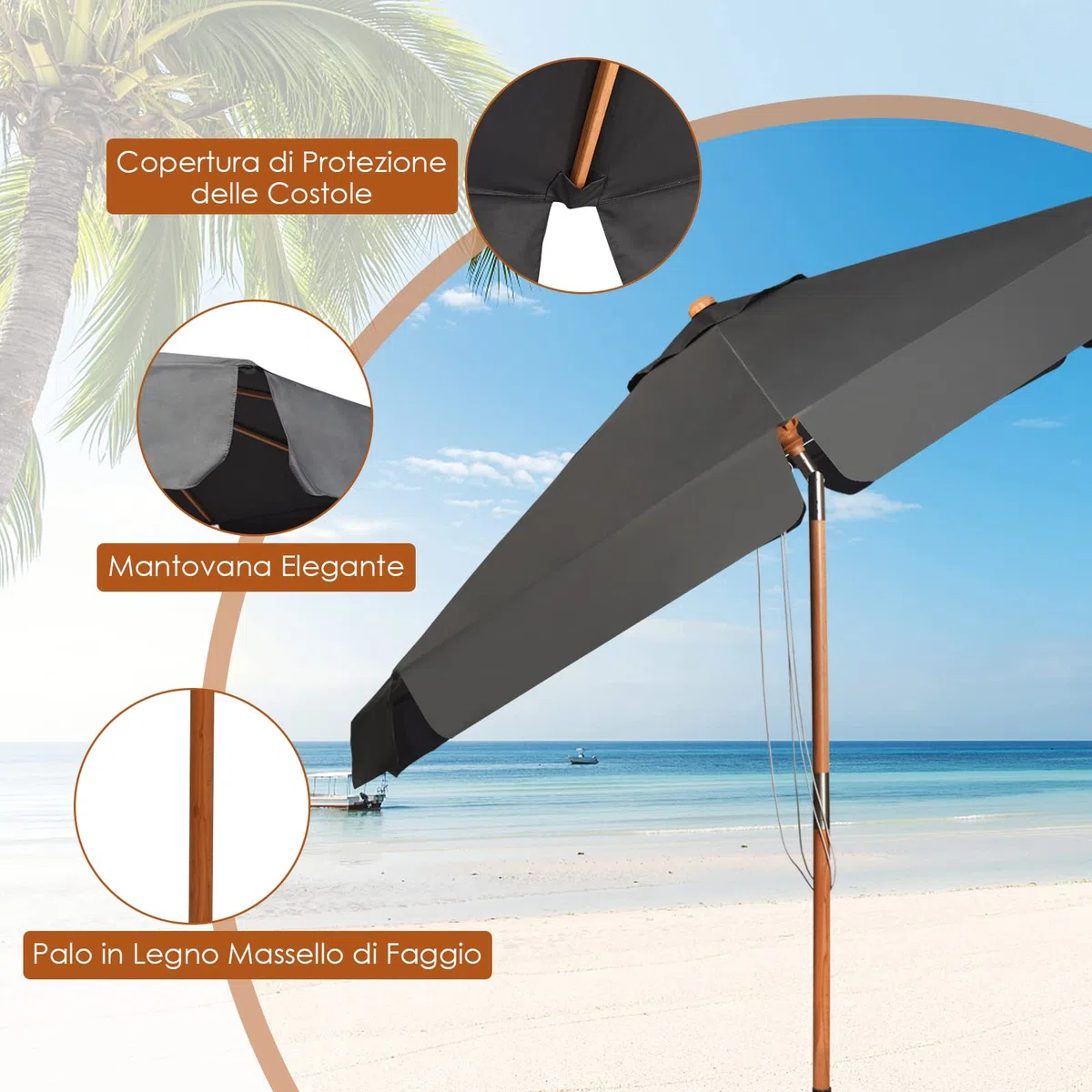 RELAX4LIFE Ombrellone da Giardino 3 x 3 M Rotondo, Ombrellone da Esterno con Tela Impermeabile e Anti-Sole, Struttura in Legno, Altezza e Inclinazione Regolabile (Grigio)