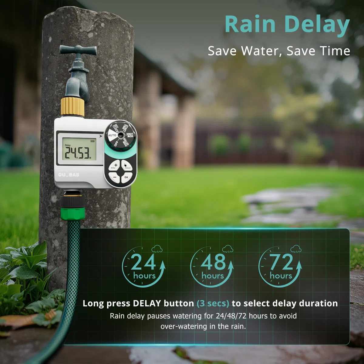 QUOBAS Irrigatore Timer per tubo da giardino, programmabile digitale in ottone con ritardo pioggia / automatico / manuale 3 modalità, piscina, prato, sistema di irrigazione a goccia, alimentato a