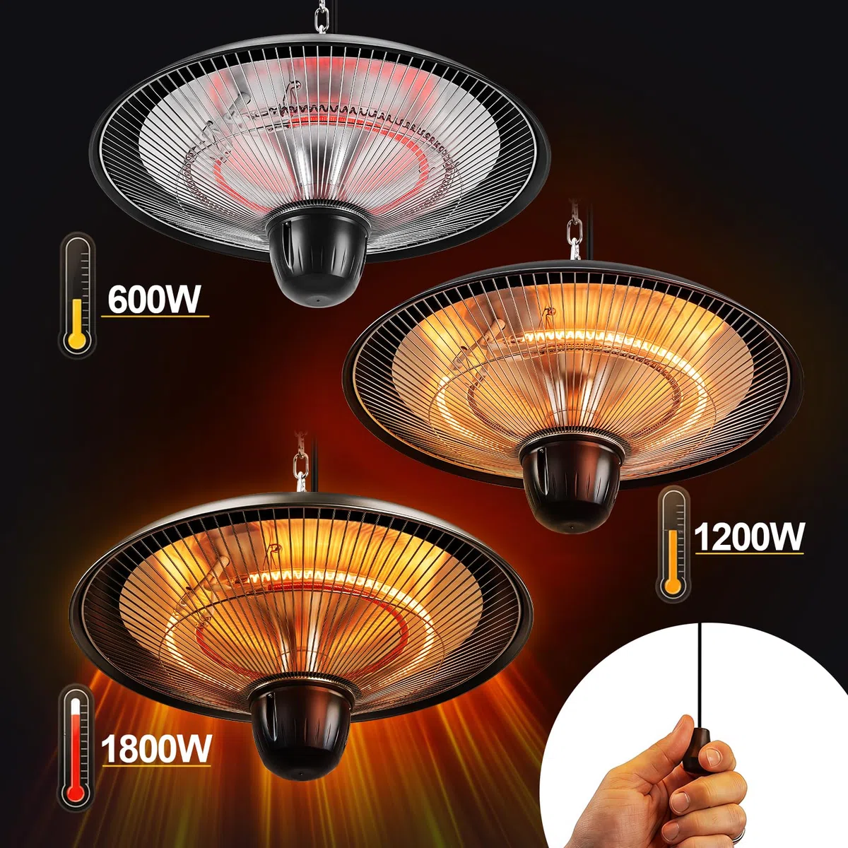 Stufa da esterni da 1800 W, per terrazza, sospesa, colore nero | Stufa elettrica da terrazza sospesa con 3 livelli di potenza, per terrazze, balconi e ambienti esterni coperti