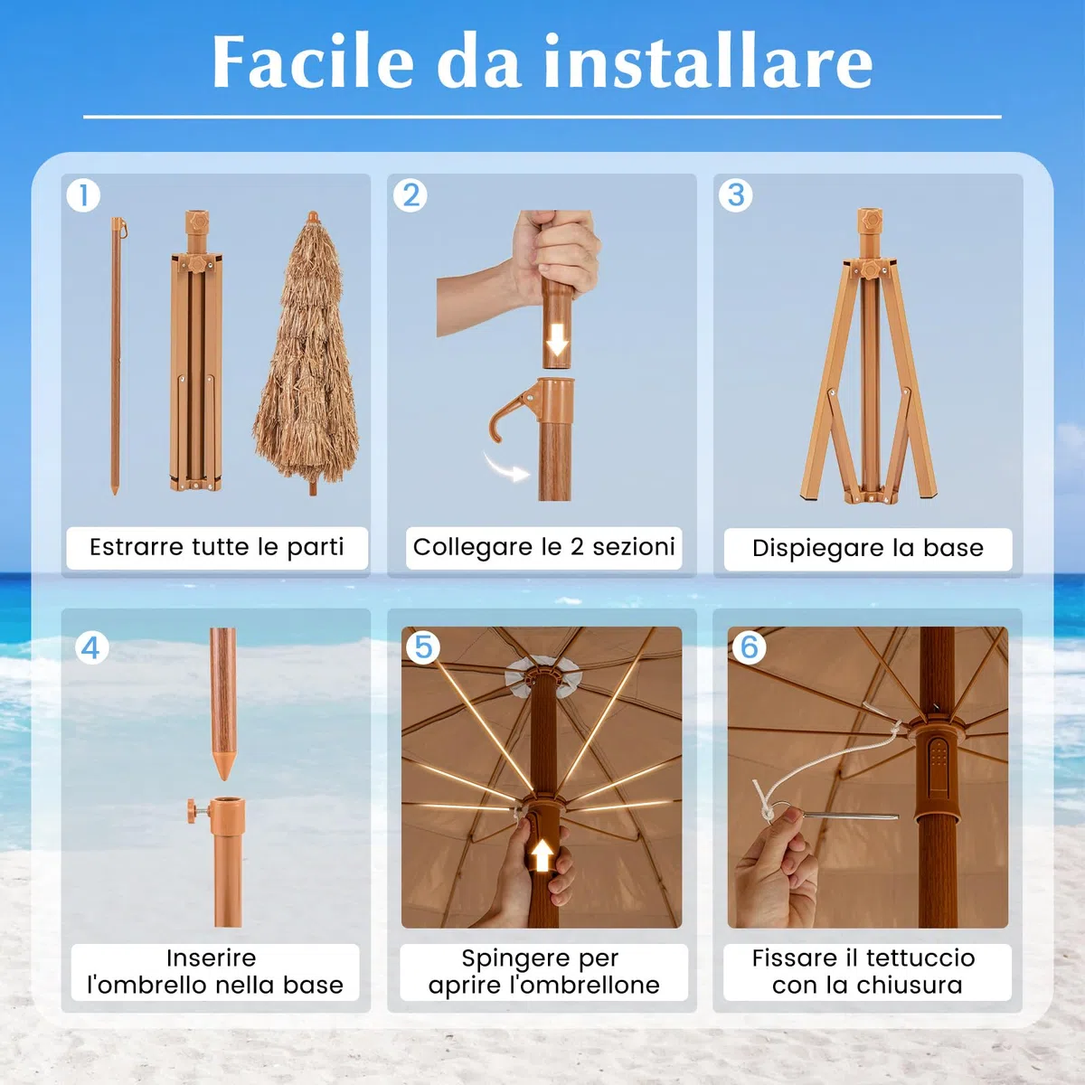 COSTWAY Ombrellone in Paglia PP da 200 cm, Ombrellone da Spiaggia Hawaiano con Inclinazione Regolabile, con Base Pieghevole, Borsa per il Trasporto, per Giardino Piscina