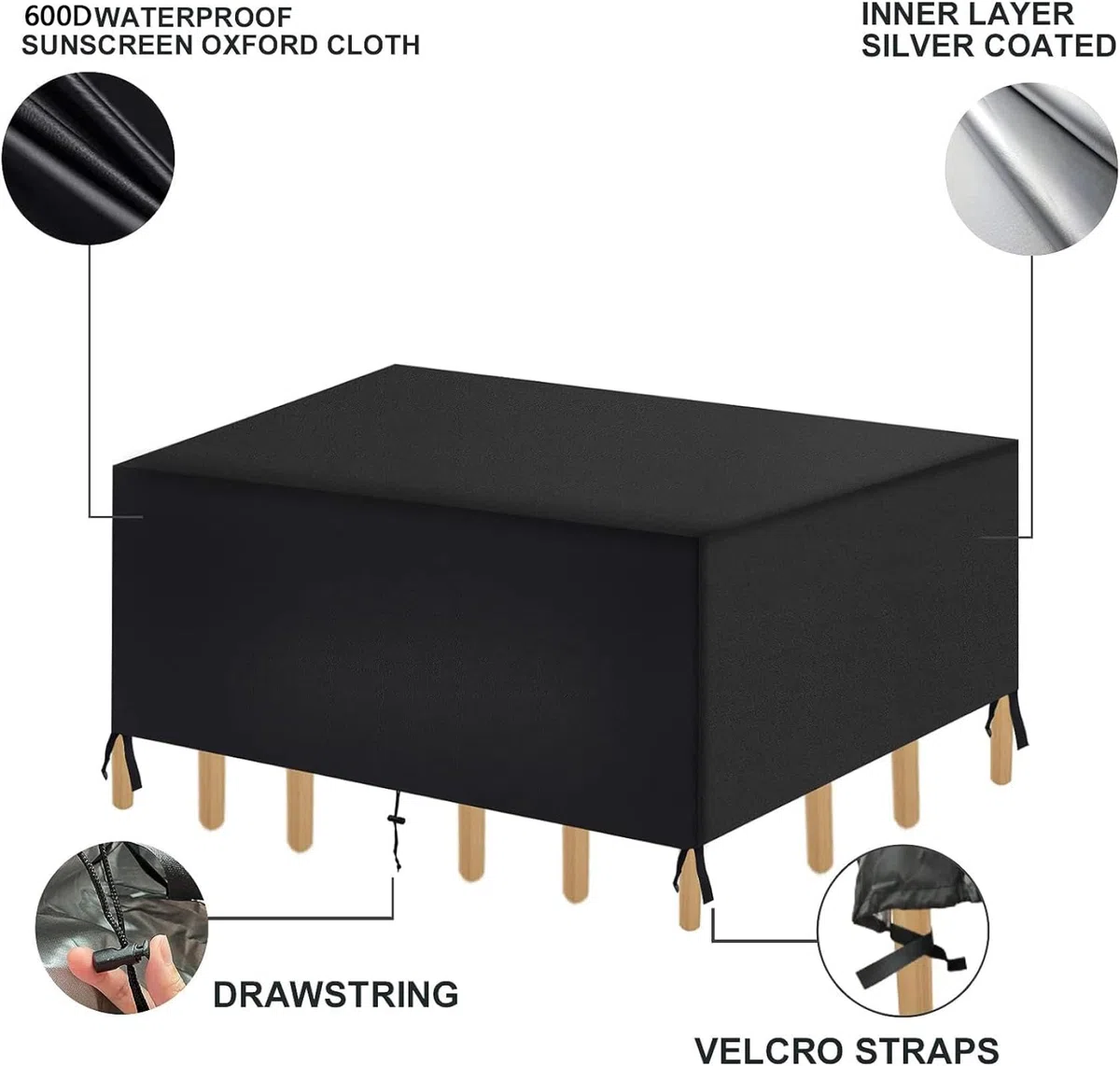 Piccola copertura quadrata per tavolo esterno impermeabile 120 x 80 x 60 cm/LxPxA Coperture per mobili da giardino 600D Anti-UV Set di mobili Copertura protettiva Antivento Anti-UV Rattan Divano Cover