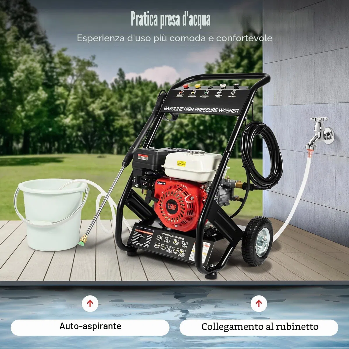 7.5HP Idropulitrice a Benzina 4 Tempi Monocilindrico Raffreddato ad Aria per Casa e Auto per Lievi Smaltimenti su Biciclette, Recinzioni da Giardino, Motociclette Con Pistola e Tubo ad Alta