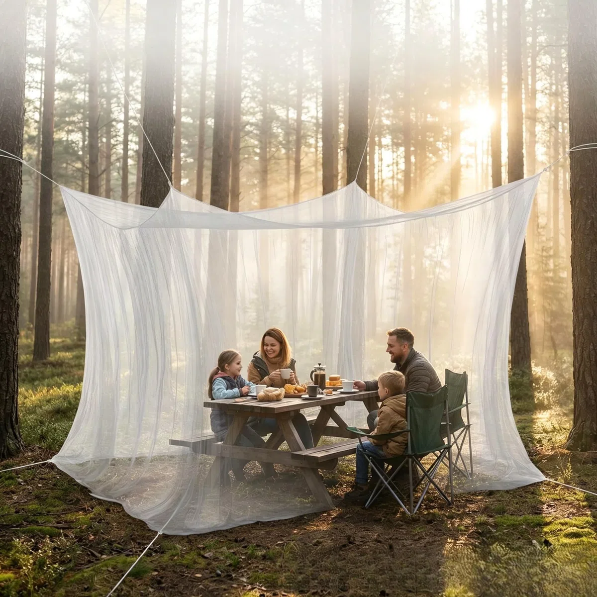 Zanzariera 300 x 300 x 250 cm, per esterni, viaggi, campeggio, rete fine 256, con corda lunga 16 m e 1 porta, zanzariera per gazebo, giardino, casa (bianco)