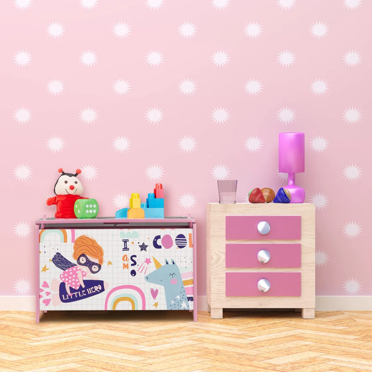Relaxdays Cassapanca Organizer, Portagiochi per la Cameretta, Design Super Girl, MDF, HxLxP: 39x60x36,5 cm, Rosa/Bianco