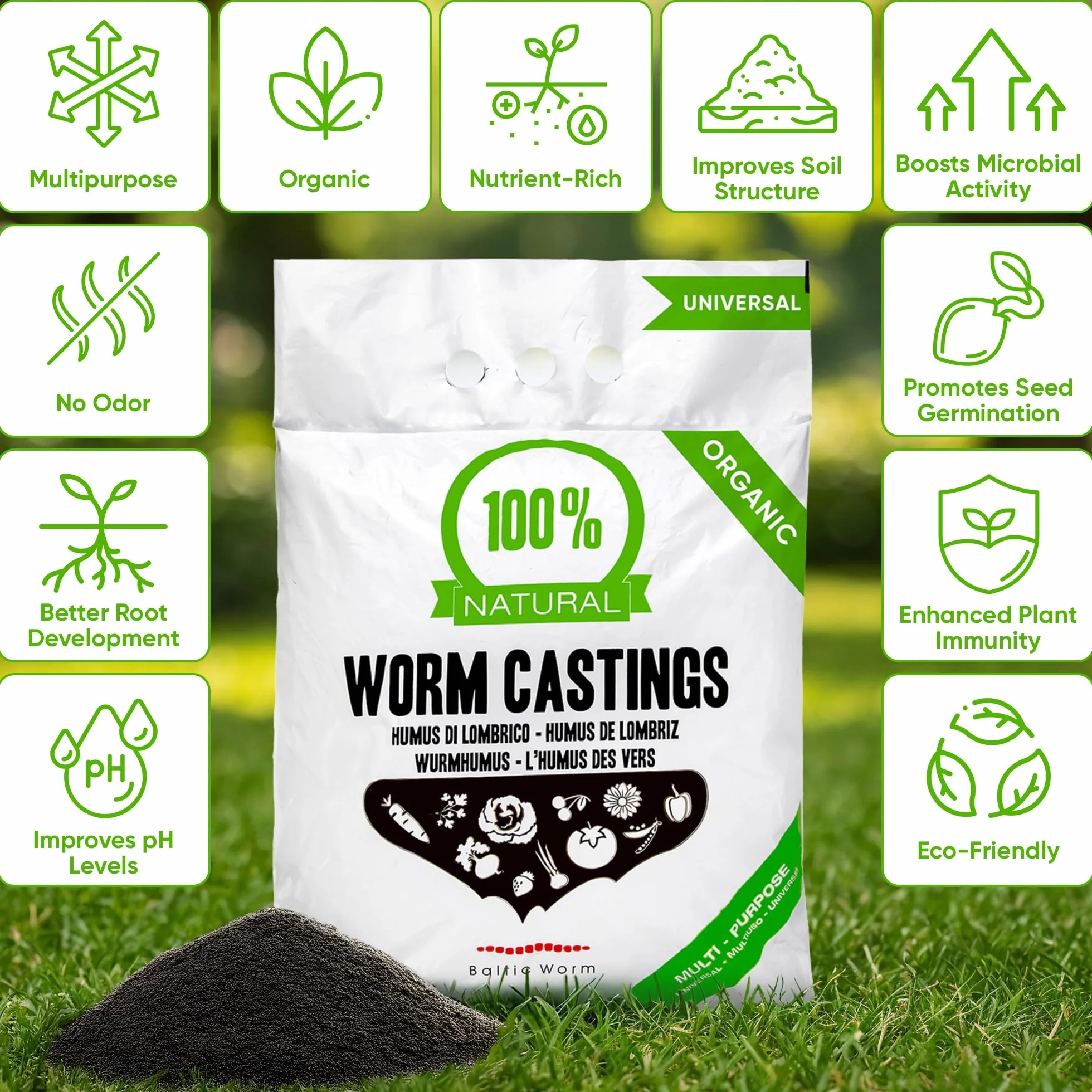 Humus di Lombrico - Vermicompost Fertilizzante Multiuso Organico Puro - Generatore di Terreno Naturale Superiore e Miglioratore di Nutrienti – Baltic Worm (4 x 5 Litro)