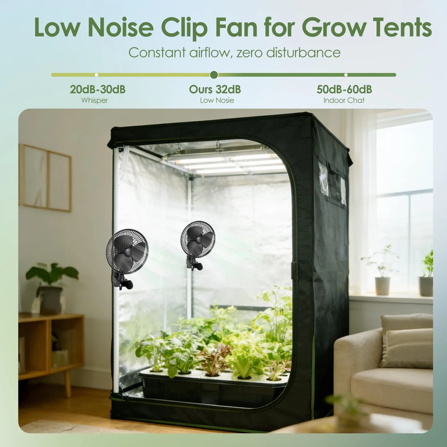 Ventilatore a morsetto per coltivazioni, 20W oscillante, 2 velocità, doppia oscillazione 90°/120°, portata 315 CFM, funzione memoria, silenzioso per tende, scatole e serre di coltura