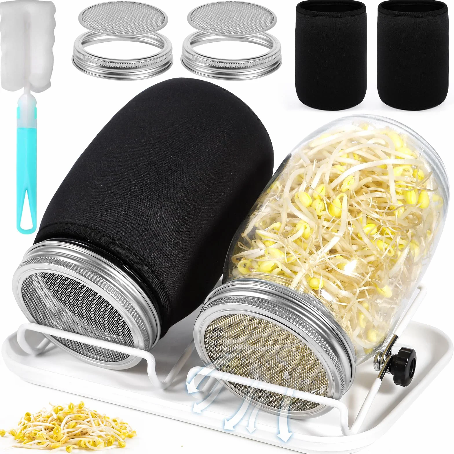 Barattolo Germogliatore Set,2 1000ml Germogliatore in Vetro, 2 Coperture, 2 Supporti e 1 Vassoio,2 Manicotti Oscuranti,1 Spazzola,Kit di Barattoli per Germogliamento di Semi per Broccoli Germ