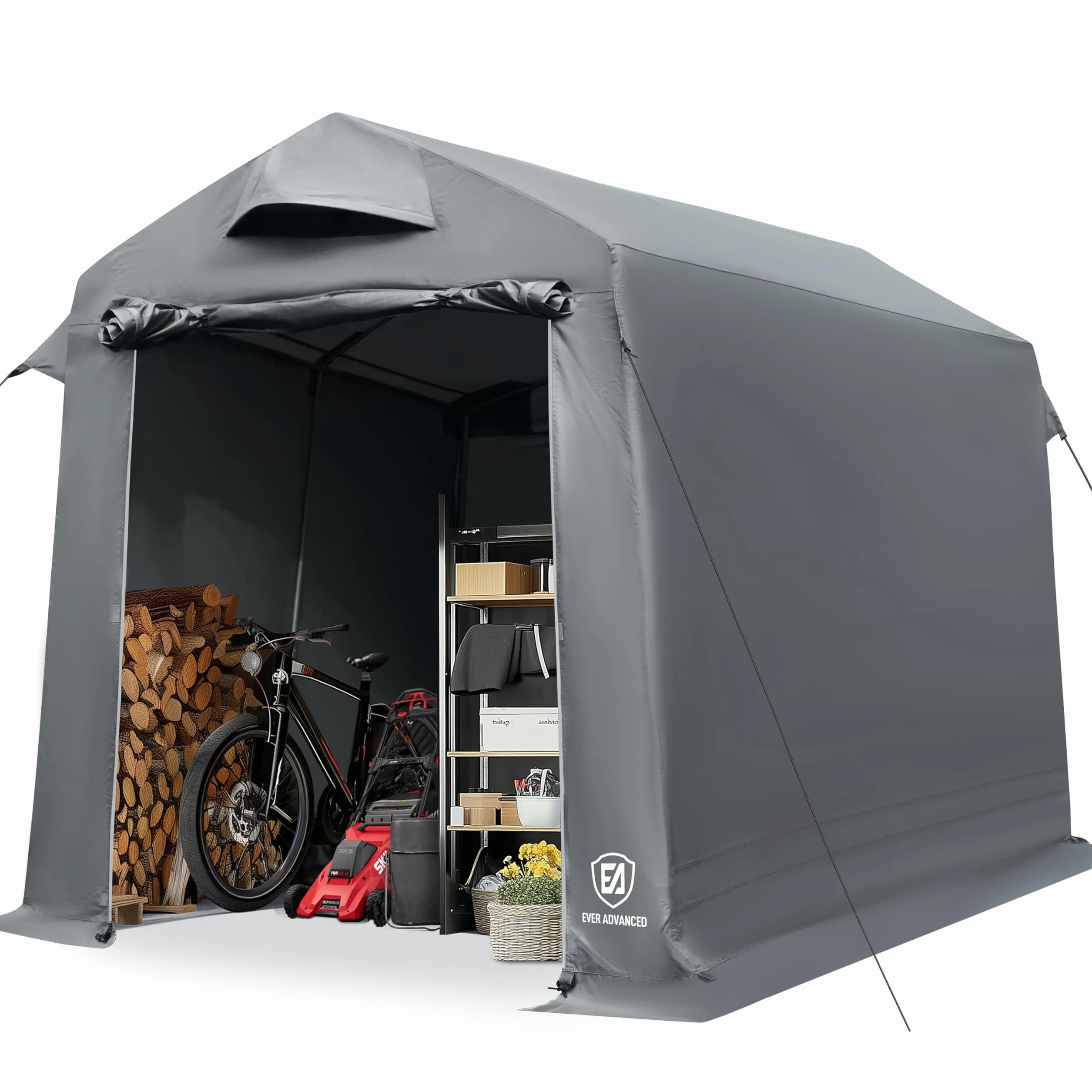 EVER ADVANCED Capanno per Attrezzi 9,8m³ Tenda per Bicicletta 190x230x225cm, Tenda per Attrezzi Impermeabile con 2 Aperture di Ventilazione, Garage per Biciclette Multiuso, Grigio