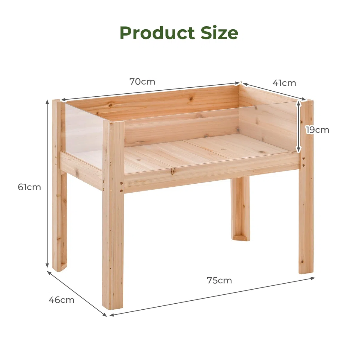 HOMASIS Orto Rialzato da Esterno in Legno di Abete, Fioriera Rialzata con Lastra Acrilica, Terrario per Animali con 2 Fori di Scarico, Aiuola Rialzata da Balcone, Giardino (75 x 46 x 61 cm)