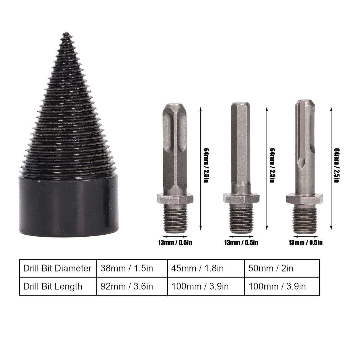 Punte Trapano per Spaccalegna, 4 Pezzi 64 Mm Set di Punte Trapano per Spaccalegna Trapano Avvitatore a Cono Punta per Legna Ardere Cono per Spaccare il Legno Trapano per(50mm / 1.97in)