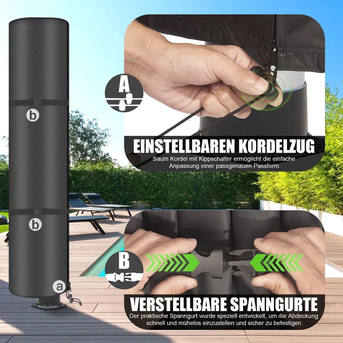 Copertura per doccia solare, 230 x 70 cm, impermeabile, per doccia esterna, con rivestimento UV, per mobili da giardino, con cinghie con fibbia e tasche