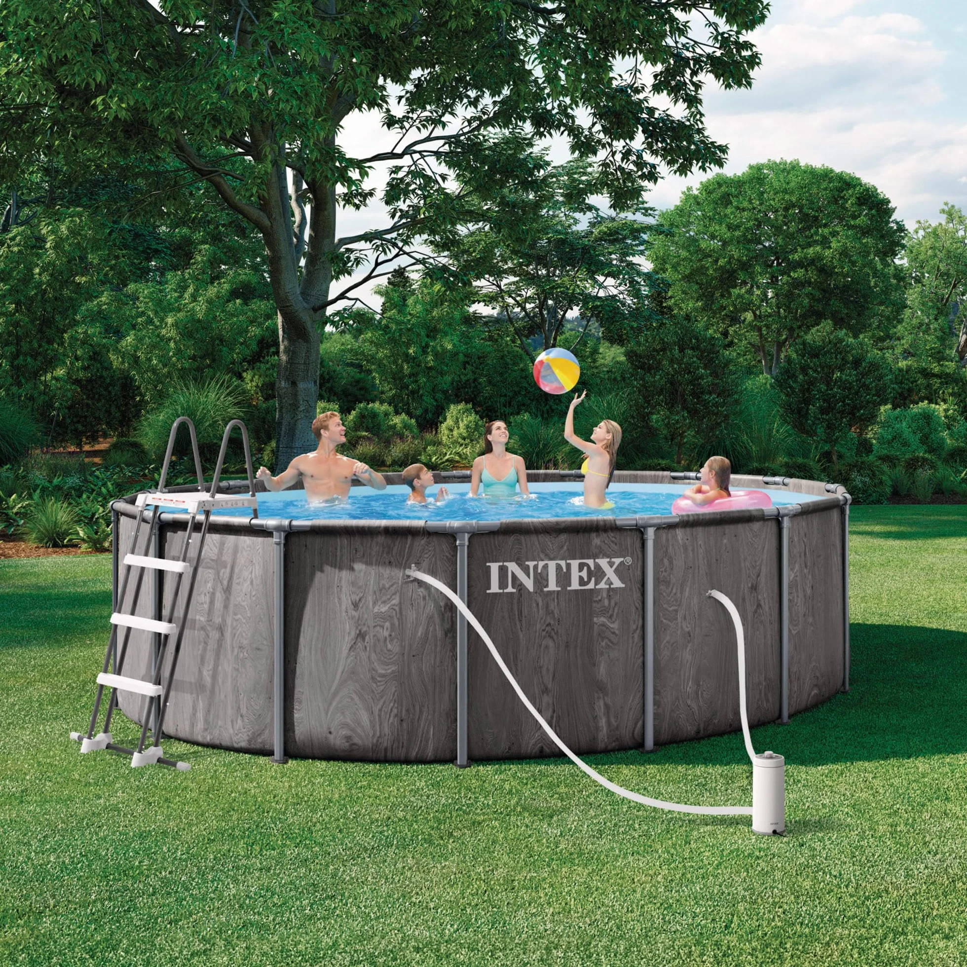 Intex 26742ND 4.57m x1.22m Greywood Prism Frame Premium Pool Set (Includes Filter Pump, Safety Ladder, Ground Cloth, Pool Cover)