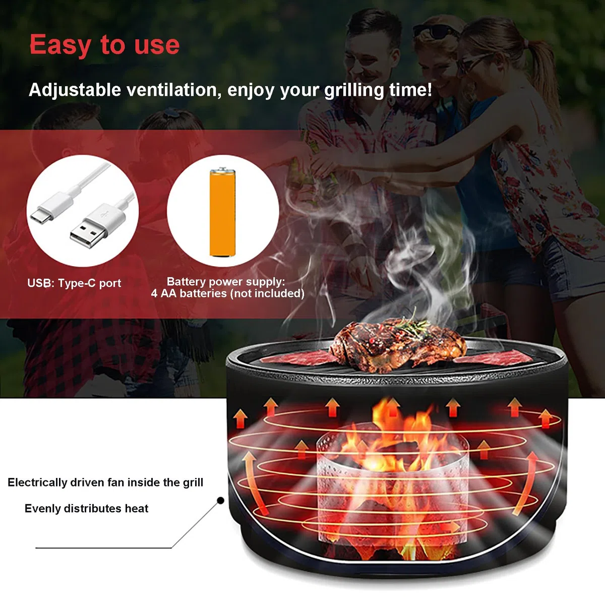Griglia portatile a carbonella per barbecue, piccolo tavolo da esterno, ventilatore elettrico integrato con borsa da viaggio, facile da pulire, per cortile, campeggio, uso commerciale