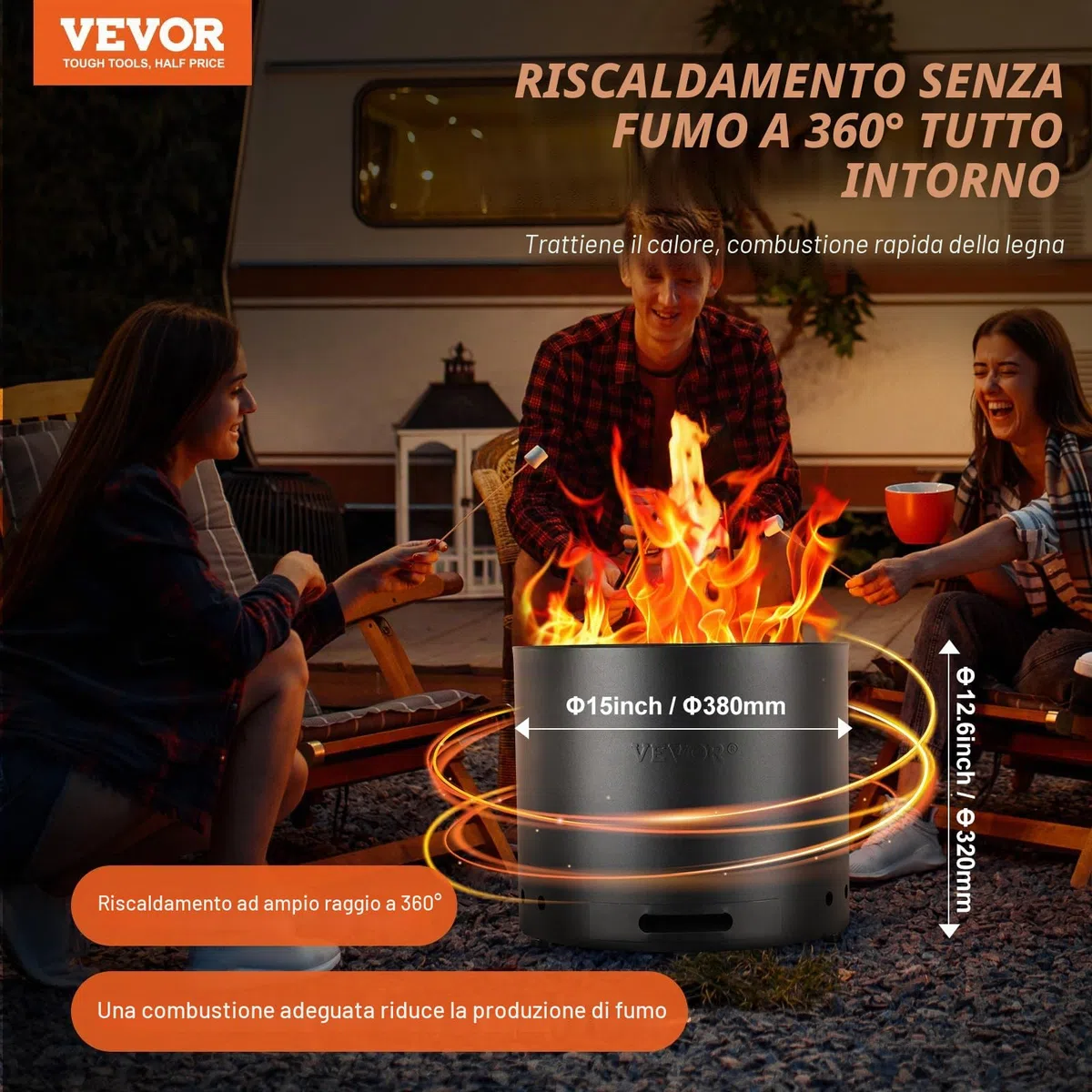 VEVOR Braciere a Legna Senza Fumo, 380x320mm, Braciere con Portacenere Rimovibile, Braciere da Esterno Portatile per Interni in Acciaio Inossidabile SUS430, per Giardino Cortile Campeggio da Esterno