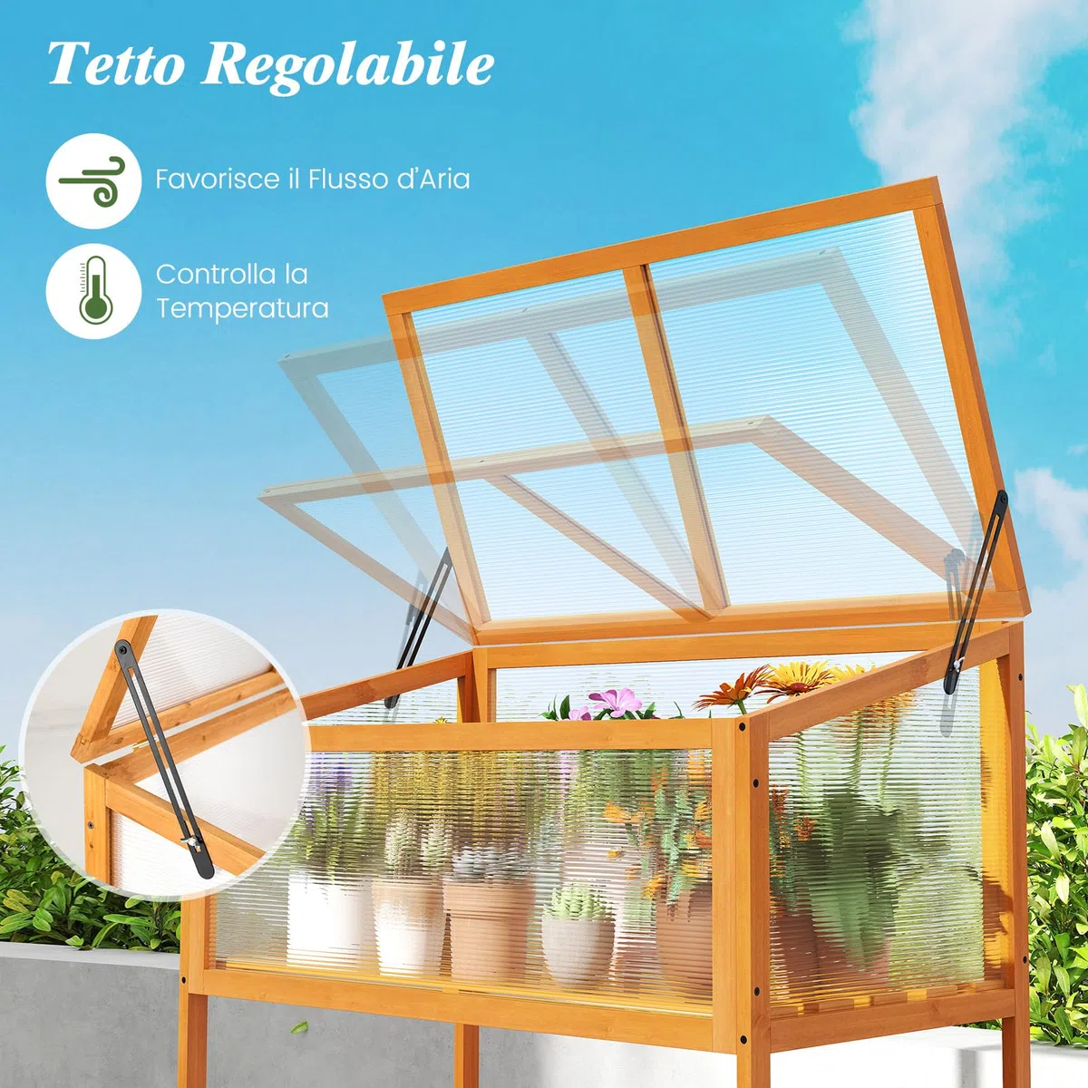 COSTWAY Mini Serra in Legno con Tetto Trasparente Apribile e Mensola a Doghe, Mini Serra Salvaspazio da Interno ed Esterno per Giardino, Veranda e Balcone, 90 x 50,5 x 105 cm