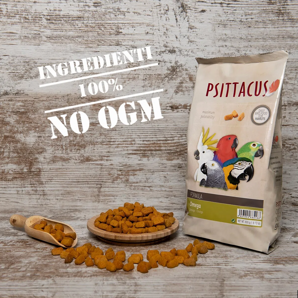 Psittacus Omega 800 g | Mangime completo per Ara, ecletti, cenerini ed altri pappagalli africani | Alimento premium per uccelli, 100% no-GMO