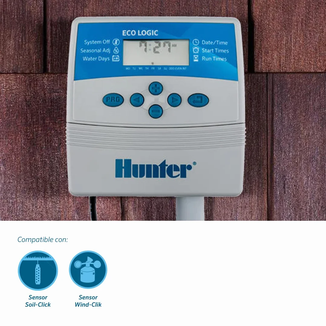 GNCGarden Programmatore di irrigazione elettrico Eco Logic 4 stazioni interno Hunter - Hunter ELC-401I-E - Hunter Eco-Logic Programmatore per interni - Temporizzatore per irrigazione 24V