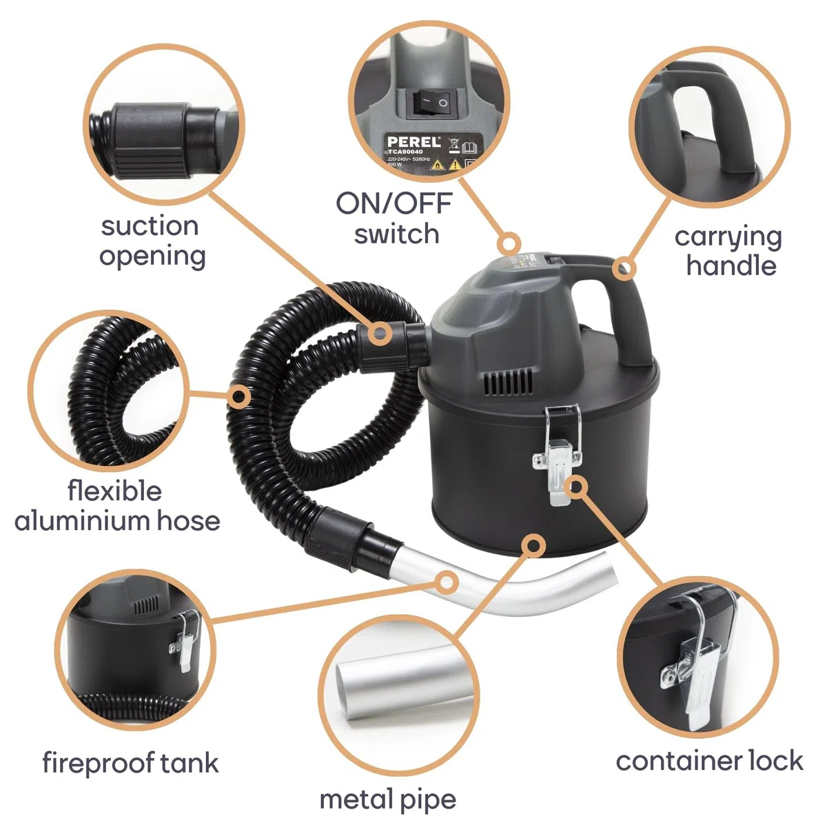 Perel Aspiracenere 600 W, 4 L, filtro HEPA, senza sacco, per ceneri fredde, stufa, caminetto, barbecue, modello compatto