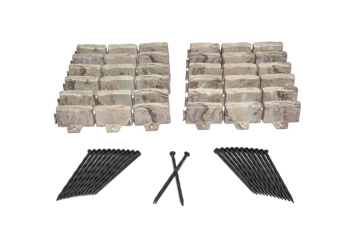EasyFlex No-Dig - Bordura paesaggistica con punte di ancoraggio, altezza 6,9 cm, bordo decorativo da giardino effetto pietra, kit da 4,5 m, marrone