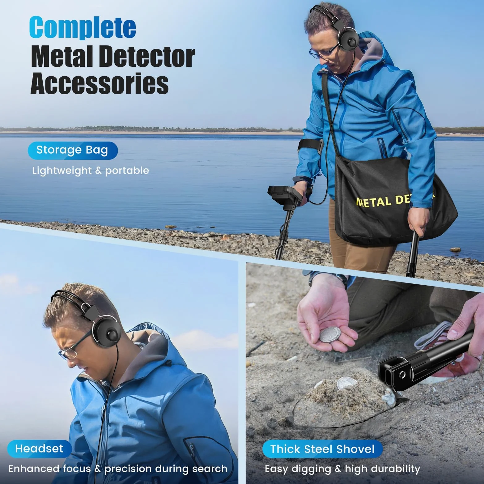 Metal detector professionale con 2 batterie, 5 modalità Metal detector per adulti e bambini, chip anti-interferenza, impermeabile IP68, alimentazione a batteria e USB (Grigio)