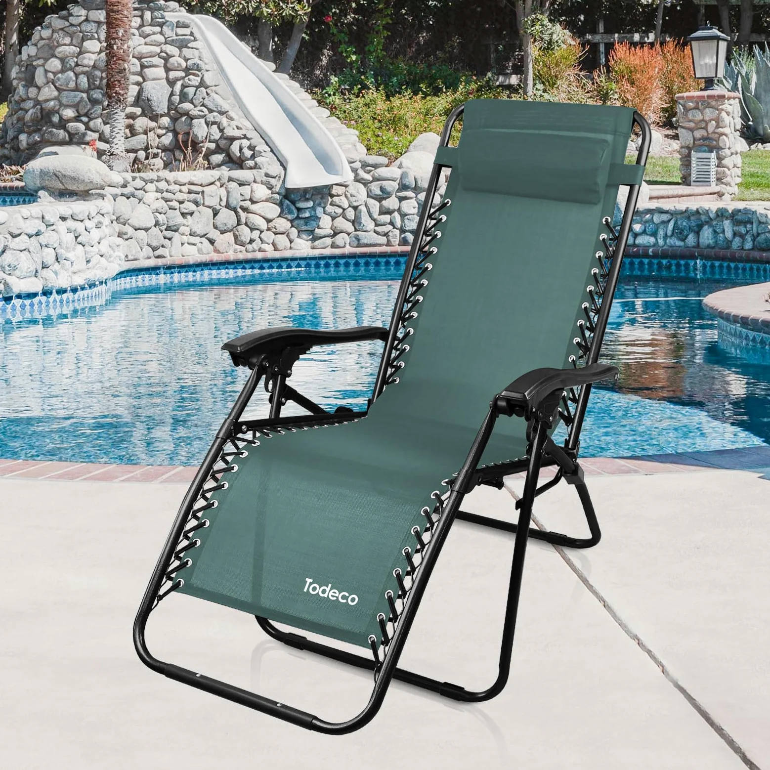 Sotech Todeco Sdraio Per Giardino, Sedia Pieghevole A Gravità Zero, Verde | Textilene resistente, cuscino incluso, carico massimo 100 kg, struttura in acciaio, sdraio da giardino