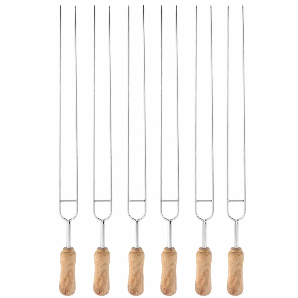 6pcs Fork lungo barbecue, acciaio inox doppio spiedino per barbecue, manico in legno riutilizzabile Spiedi barbecue bastoncini all'aperto per casa 40 cm