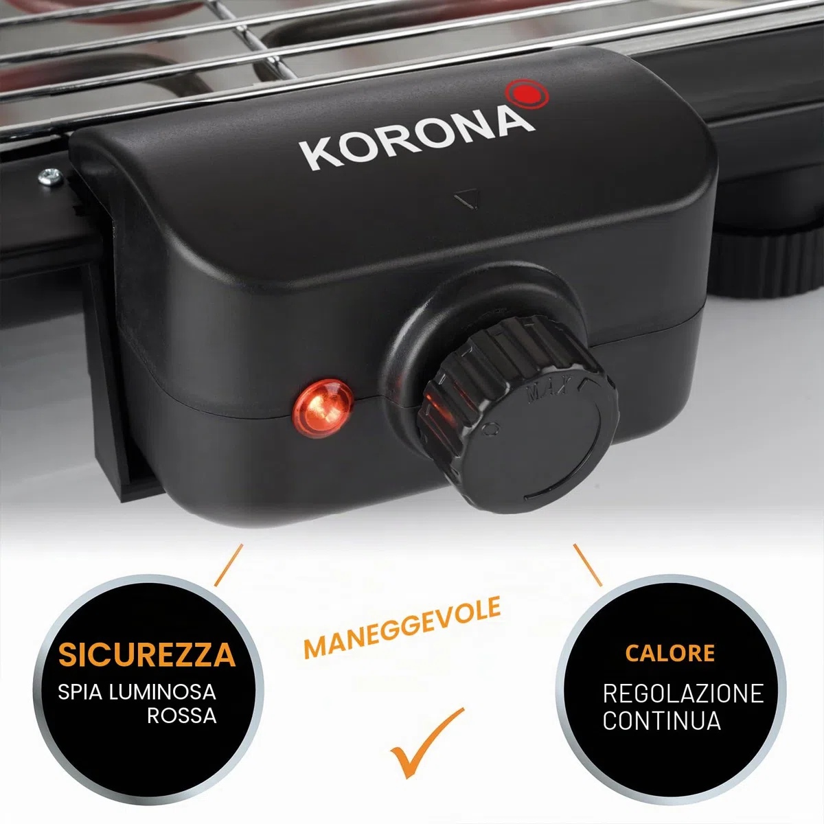 Korona 46221 - Barbecue elettrico con griglia XXL (51 x 30 cm), 2200 Watt, antivento, spia di controllo, interruttore di sicurezza, regolazione continua della temperatura