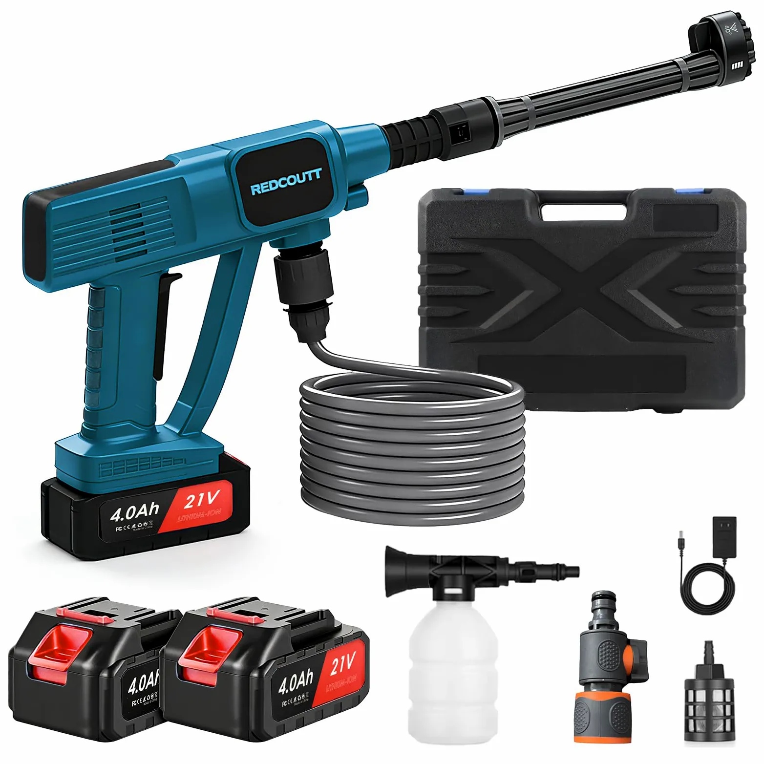 Idropulitrice a Batteria, Pistola Idropulitrice da 21V, Dotata di 2 Batterie da 4000 mAh, Ugello Multifunzione 6 in 1, Tubo da 5M, Batteria per Lavaggio Auto e Giardino