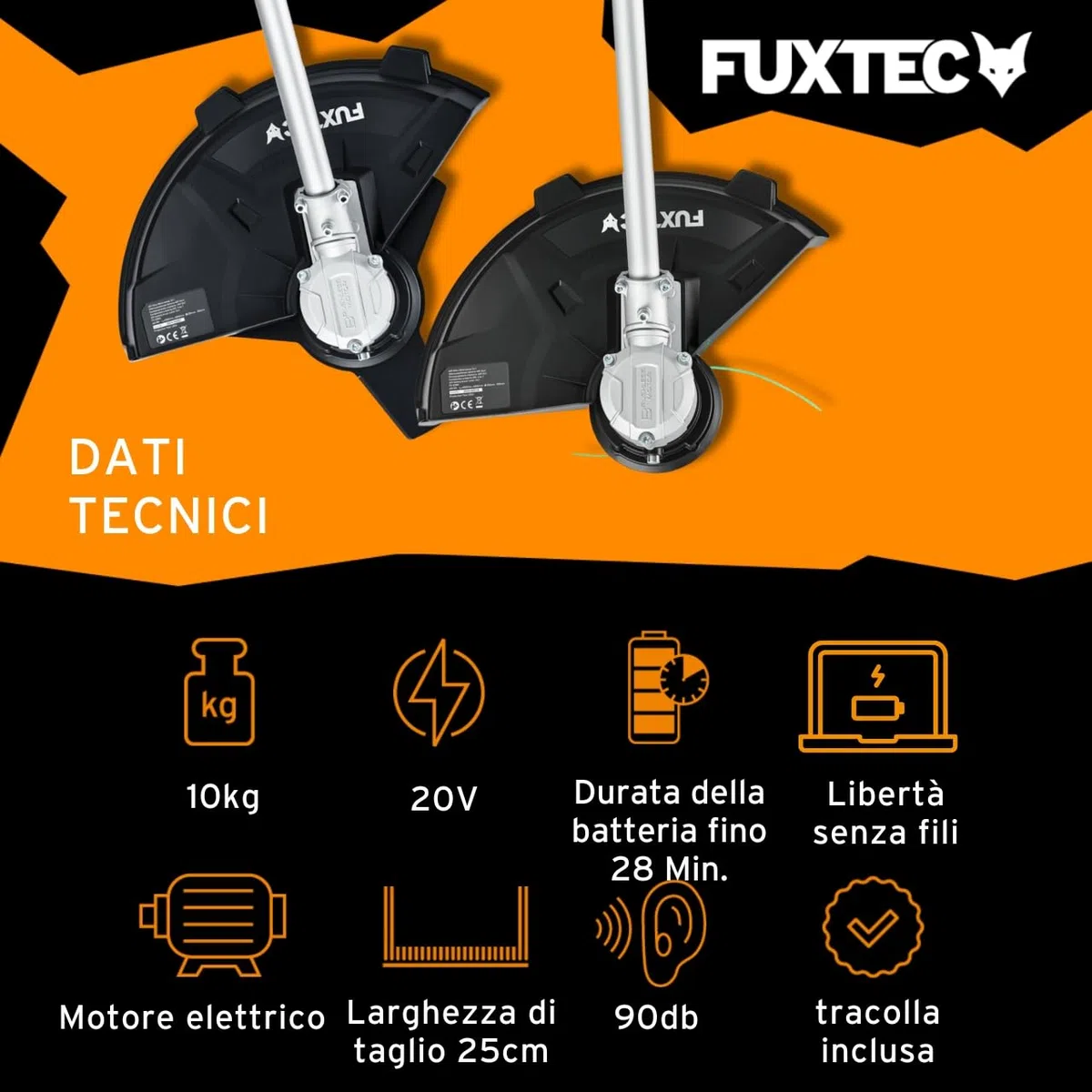 FUXTEC Decespugliatore a Batteria 2x20V FX-E2MSSET - Con 2xBatterie e Doppio Caricatore - Larghezza di Taglio 25,5-35cm, Lama e Filo, 10kg, Fino a 6000 giri/min