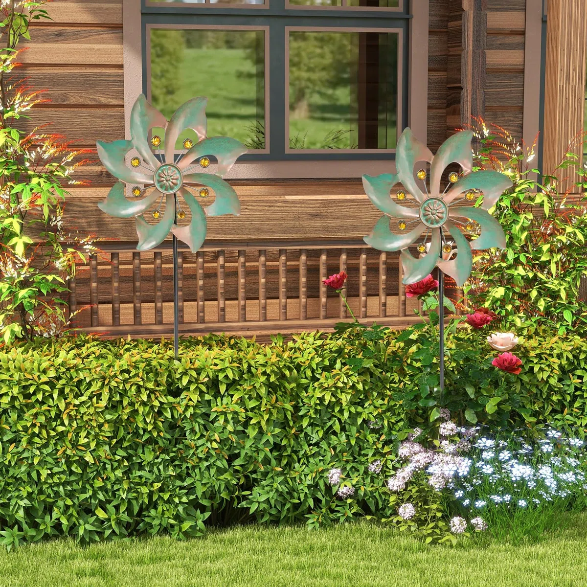 Mulino a vento in metallo, 24 x 24 x 4 cm, per giardino, per giardino, frutteto, cortile (bronzo)