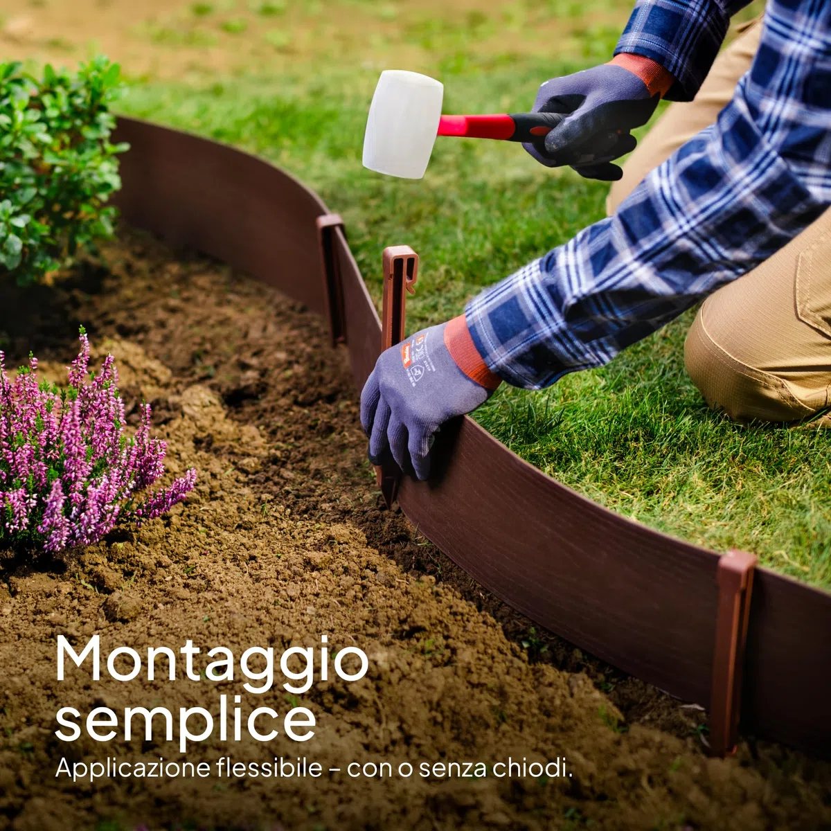 UNIGARDIA Bordura per Aiuola 20 m - Altezza 13 cm, Spessore 3 mm - Bordatura per Giardino in Plastica - Cordolo Flessibile per Aiuole - Uso Semplice, Marrone con Decori in Legno
