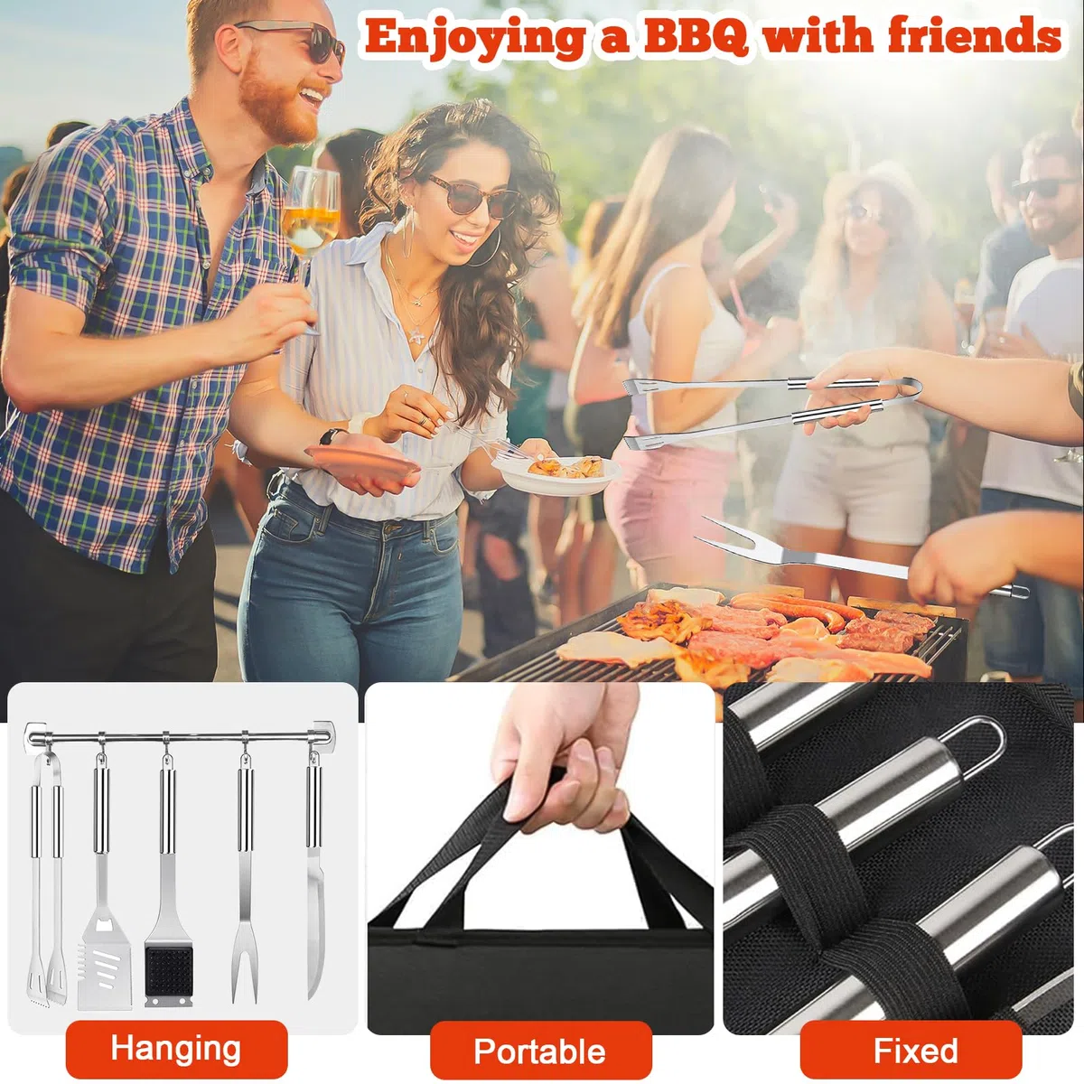 Set di 30 Posate per Barbecue, in Acciaio Inox di Alta qualità, Pinza per Barbecue, cavatappi, Set con Valigetta e Tappetino per Barbecue, per Uomini, Regalo per Campeggio, Marrone