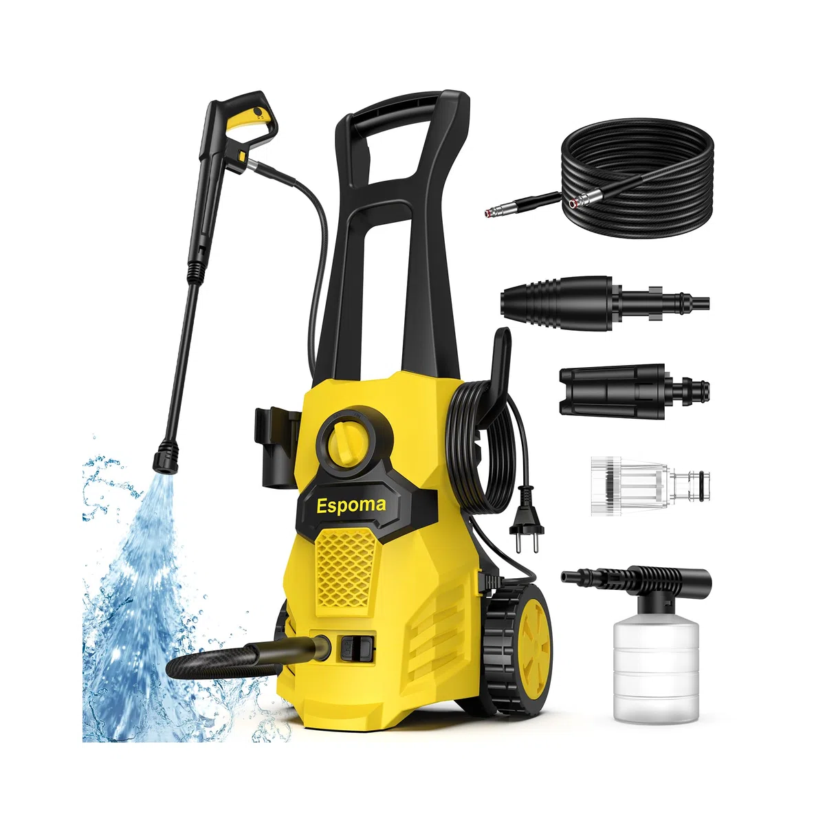Espoma Idropulitrice Pressione max 150 bar, Portata 380 l/h Idropulitrice, Area di lavoro 30 m²/h, casa, giardino o auto, portata max 450 l/h, pompa in alluminio, Serbatoio detergente 02