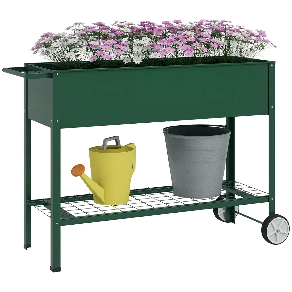 Outsunny Fioriera da Esterno con Mensola Inferiore Portautensili, Letto Rialzato da Giardino in Metallo con 2 Ruote e Maniglia, Letto per Orto, 104x39x80 cm, Verde