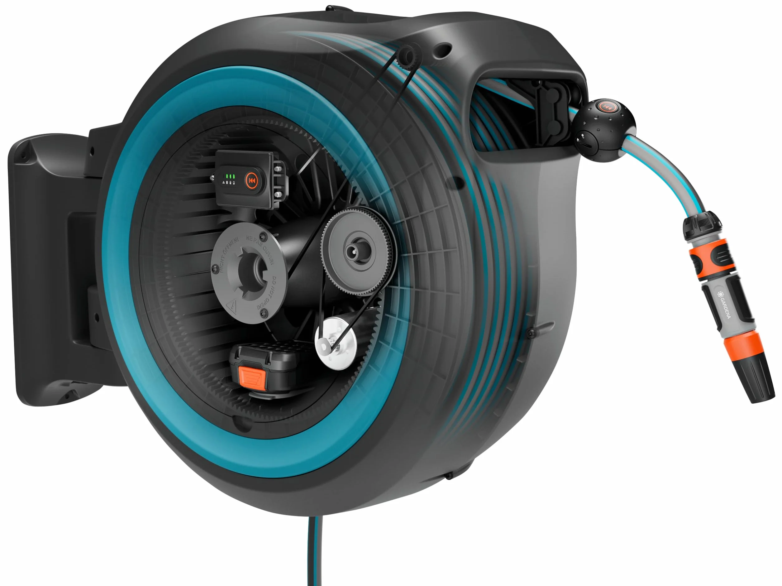 Gardena Set avvolgitubo a parete PowerRoll XL ricaricabile, pronto all’uso, avvolgitubo automatico con tubo da giardino 35 m, guida e RollControl, set completo, batteria ricaricabile (18640-20)