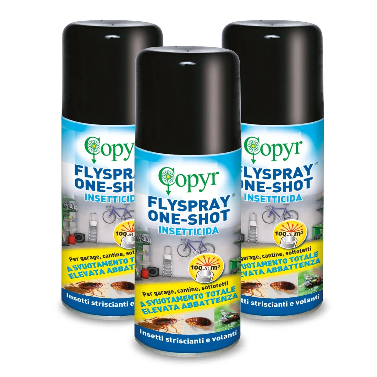 Copyr FlySpray OneShot - Insetticida Aerosol contro Mosche Scarafaggi Formiche Pulci Zecche, Insetti delle Derrate, 150ml x 3 Pz - con Piretrine Pure, Azione Abbattente a Svuotamento Totale