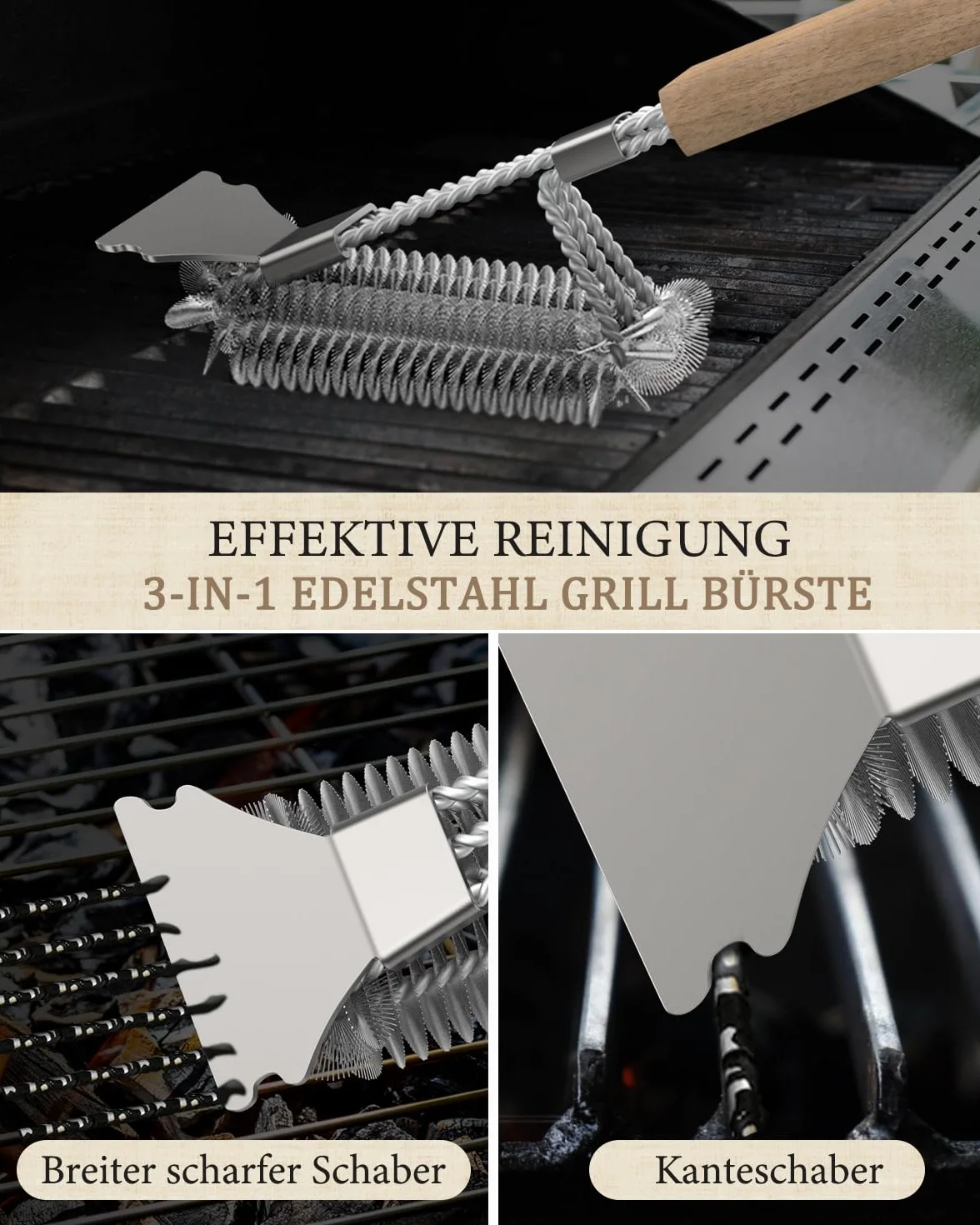HAZENS - Spazzola per la pulizia del barbecue (2 pezzi), con manico in legno, spazzola per barbecue da 39 cm, con raschietto in acciaio inox, setole fitte in acciaio inox, triangolare, spazzola