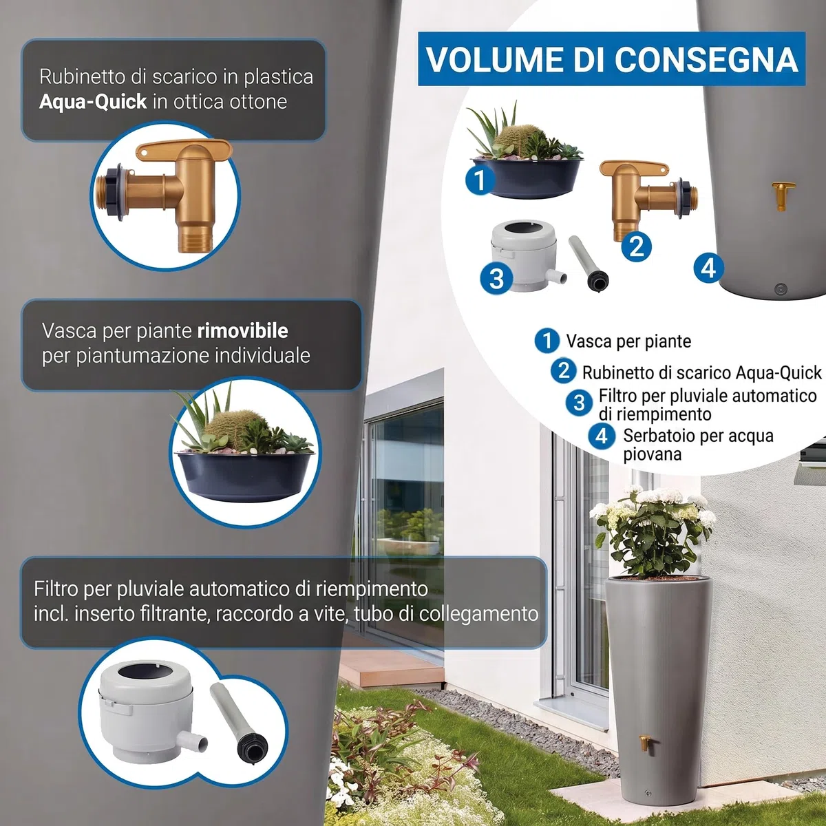4rain VASO 2in1 serbatoio per pioggia 220 litri grigio zinco incl. rubinetto in plastica e raccordo pluviale - contenitore acqua piovana decorativo - raccolta da grondaia pratica - con filtro incluso