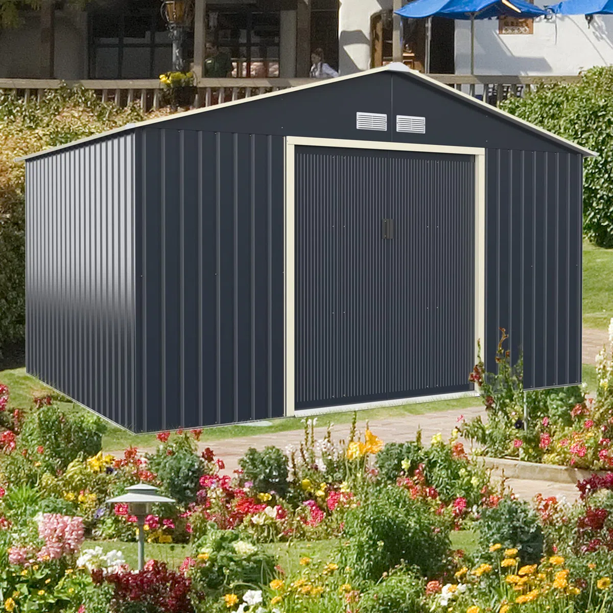 HOMASIS Casetta da Giardino in Metallo, Casetta Porta Attrezzi da Giardino con 2 Finestre di Ventilazione e 2 Porte Scorrevoli, Capanno da Giardino con Tetto a Falde, Grigio, 340 x 255 x 210cm