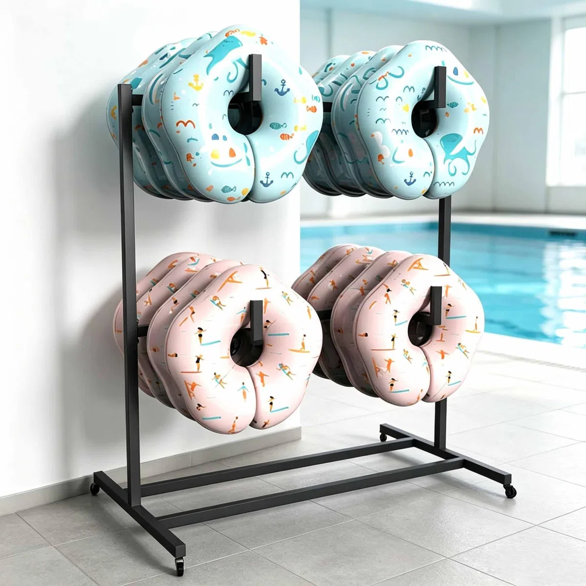 Supporto a 2 livelli per galleggianti da piscina, organizer esterno per bordo piscina, organizer con ruote e barra trasversale, adatto per attrezzature e accessori nuoto