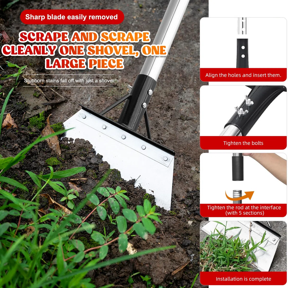 Set di attrezzi da giardino con raschietto per erbacce, lama in acciaio inox da 21 cm con asta a 3 sezioni da 120 cm e guanti, per rimuovere muschio e ghiaccio per patio, vialetto e neve, kit pala da