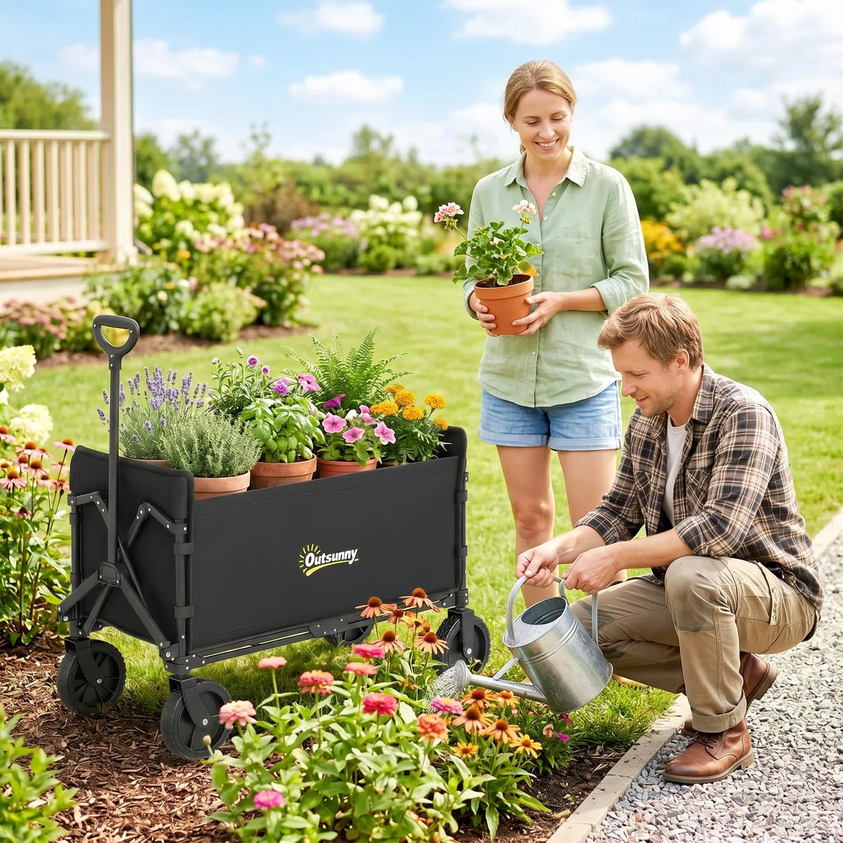 Outsunny Carrello da Giardino da 180L con 4 Ruote Girevoli, Carrello Spiaggia Pieghevole in Acciaio e Tessuto Oxford con Sacca Portaoggetti e Maniglia Girevole e Regolabile, 90x48x62 cm, Nero