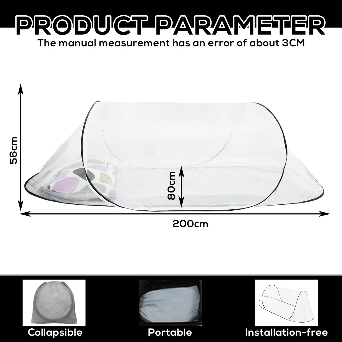 Zanzariera pieghevole, 200 x 80 x 56 cm, zanzariera pop up, ultraleggera, portatile, da campeggio, da viaggio, per la famiglia, per la casa e il campeggio