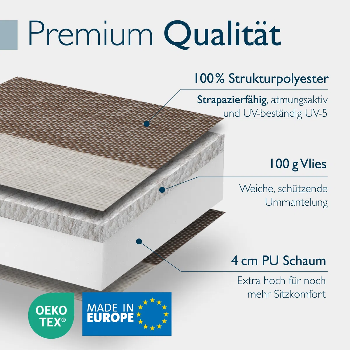 Beautissu Premium Cuscino Schienale Alto con Poggiatesta Sedia Giardino | 120x50cm spessore 8cm beige bianche a righe tessuto robusto resistente UV fissaggio antiscivolo Cuscini sdraio esterno Sun-HL