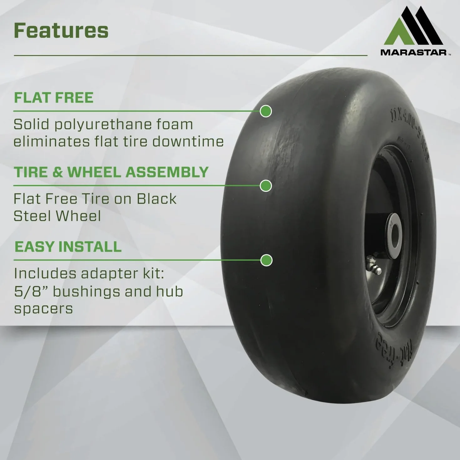 MARASTAR 00232 - Pneumatici e montaggio ruota - Misura universale - Flat-Free - 11 x 4.00-5 - Pneumatici di ricambio per tosaerba Zero Turn - Superficie liscia - Kit adattatore incluso