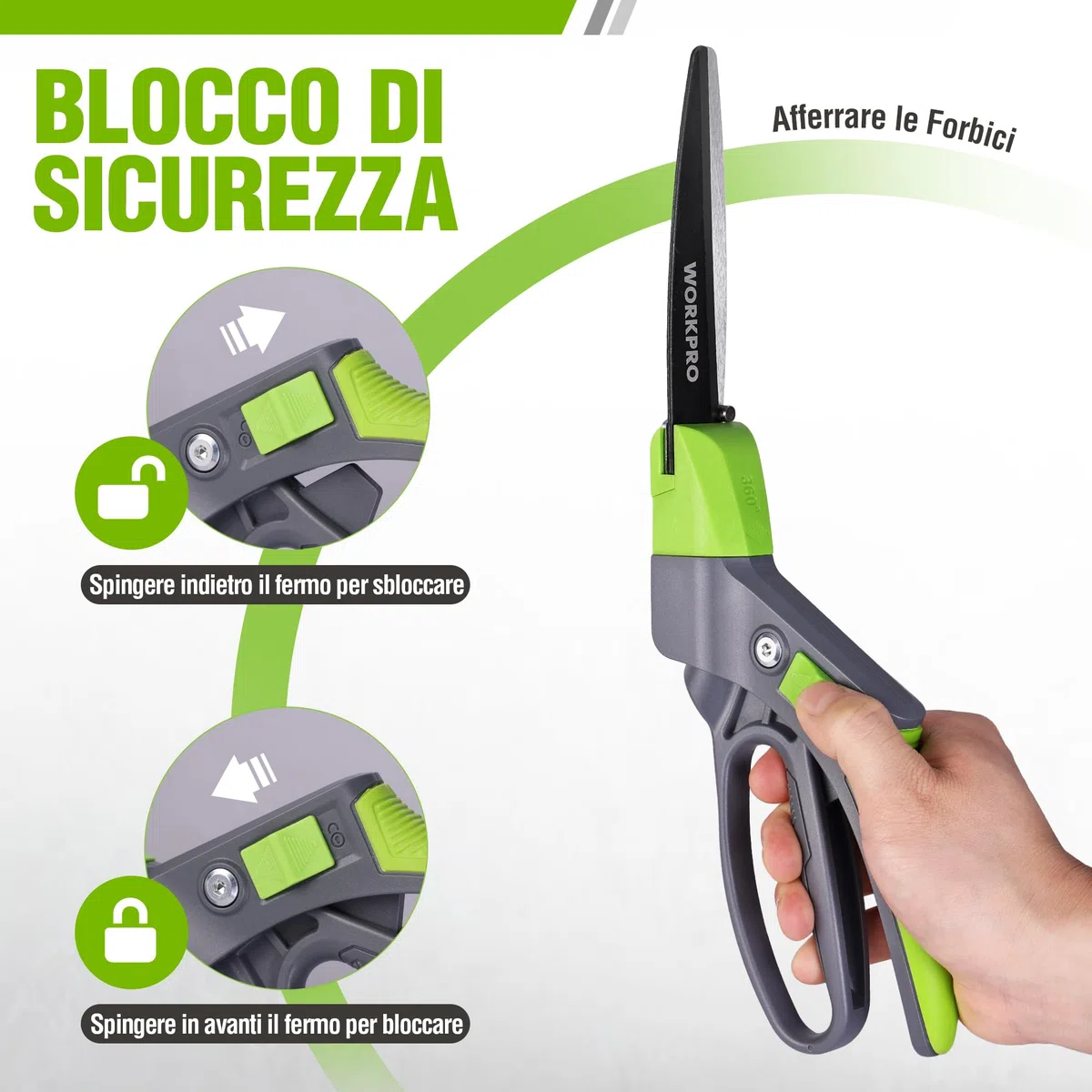 WORKPRO Forbici da Erba Rotanti 360°, Cesoie da Giardino 350mm con Lama Rivestita Antiruggine, Impugnatura Ergonomica, Blocco di Sicurezza per Prato, Piante e Bonsai