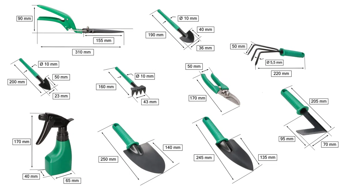 KOTARBAU® Set di 10 Attrezzi da Giardino Utensili da Giardinaggio raschietto Cazzuola con 3 denti Rastrello piccolo 4 denti Cesoie da Giardino Bottiglia Spray Spatola Appuntita Tagliasiepi in Acciaio