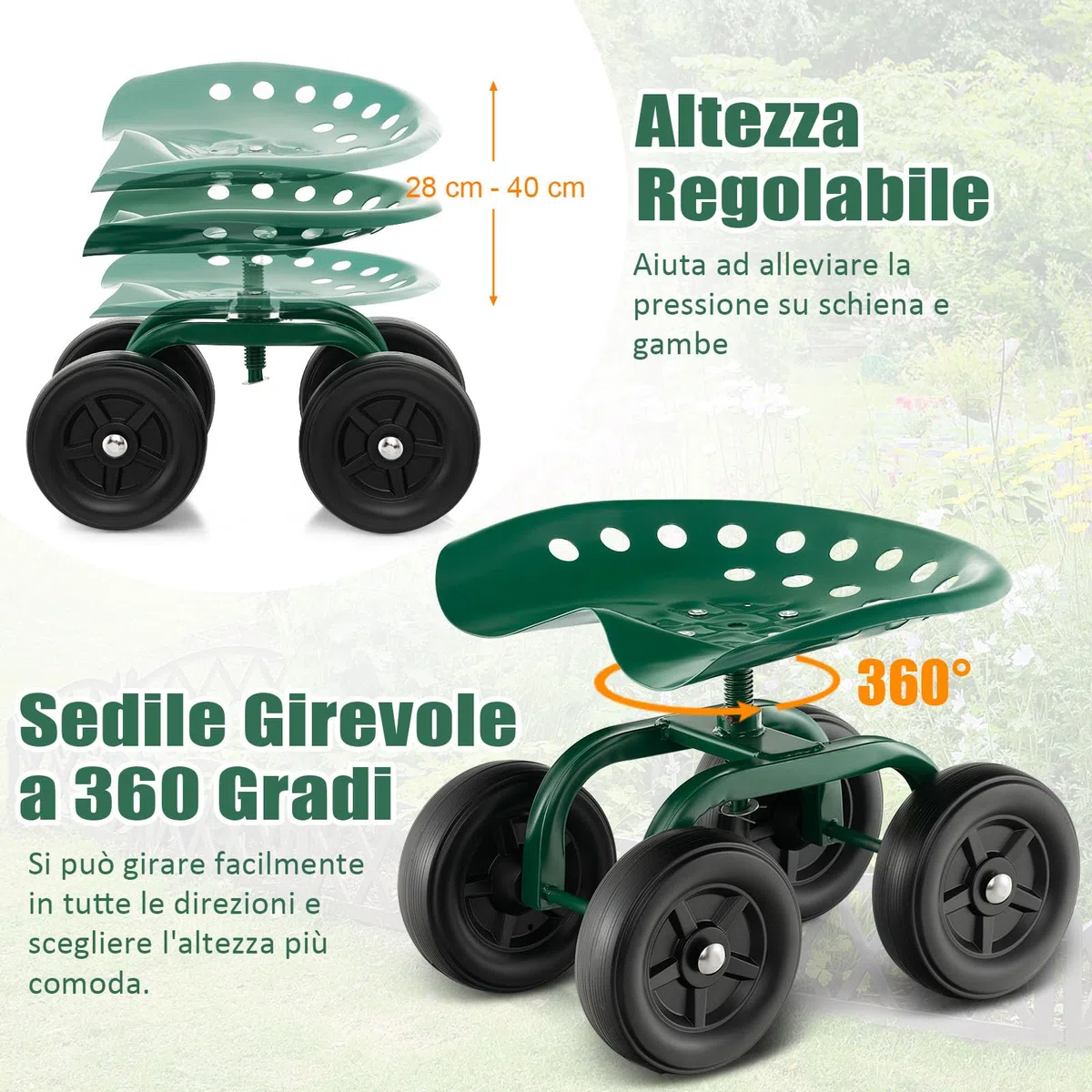 GYMAX Sgabello da Giardino con Ruote, Sedile da Lavoro Regolabile in Altezza per Giardinaggio