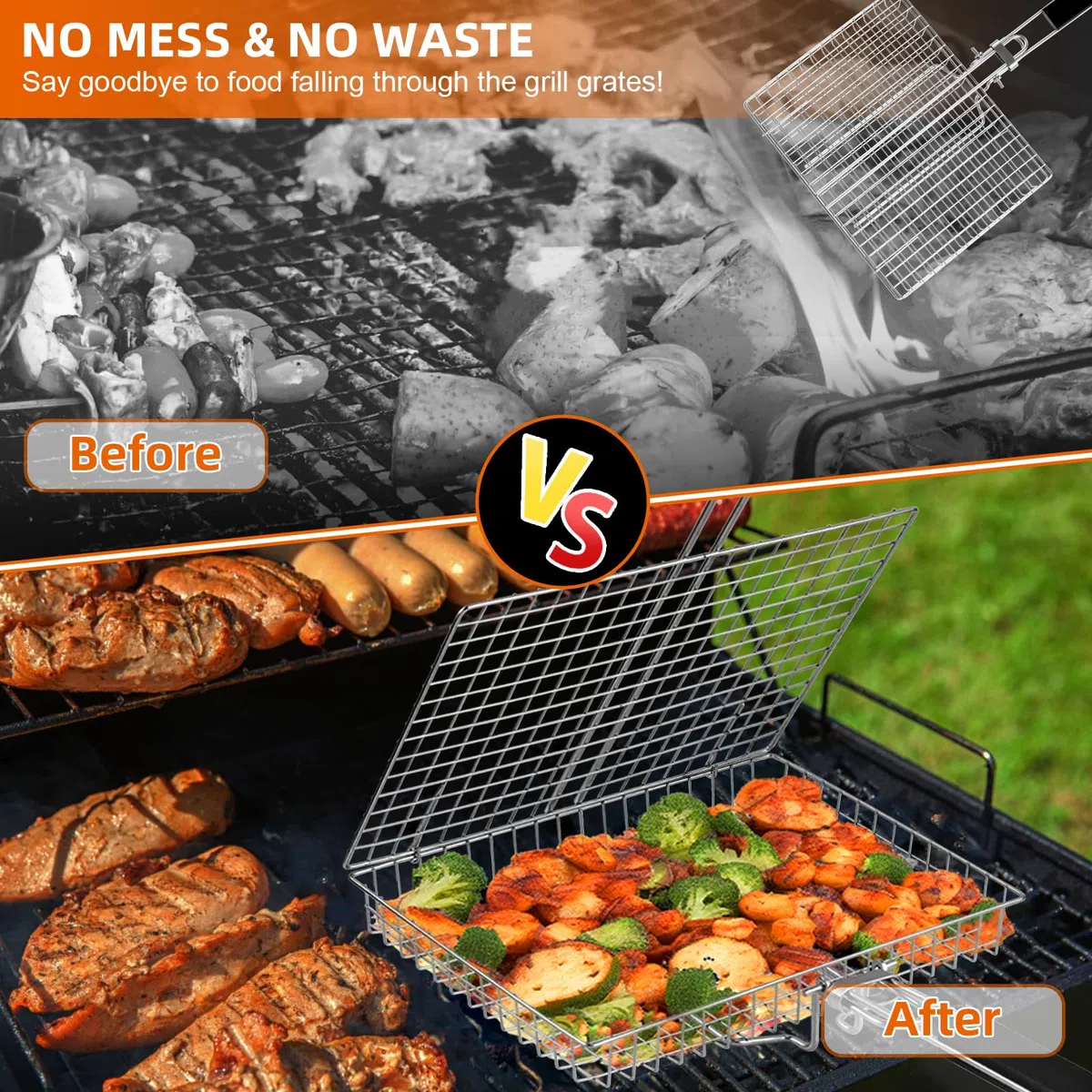 BEWOS Cestino per Grigliate di Pesce, Griglia Barbecue in Acciaio Inox con Borsa e Spazzola, Pieghevole e Portatile, Graticola per Barbecue con Manico Rimovibile per Bistecche di Pesce e Verdure