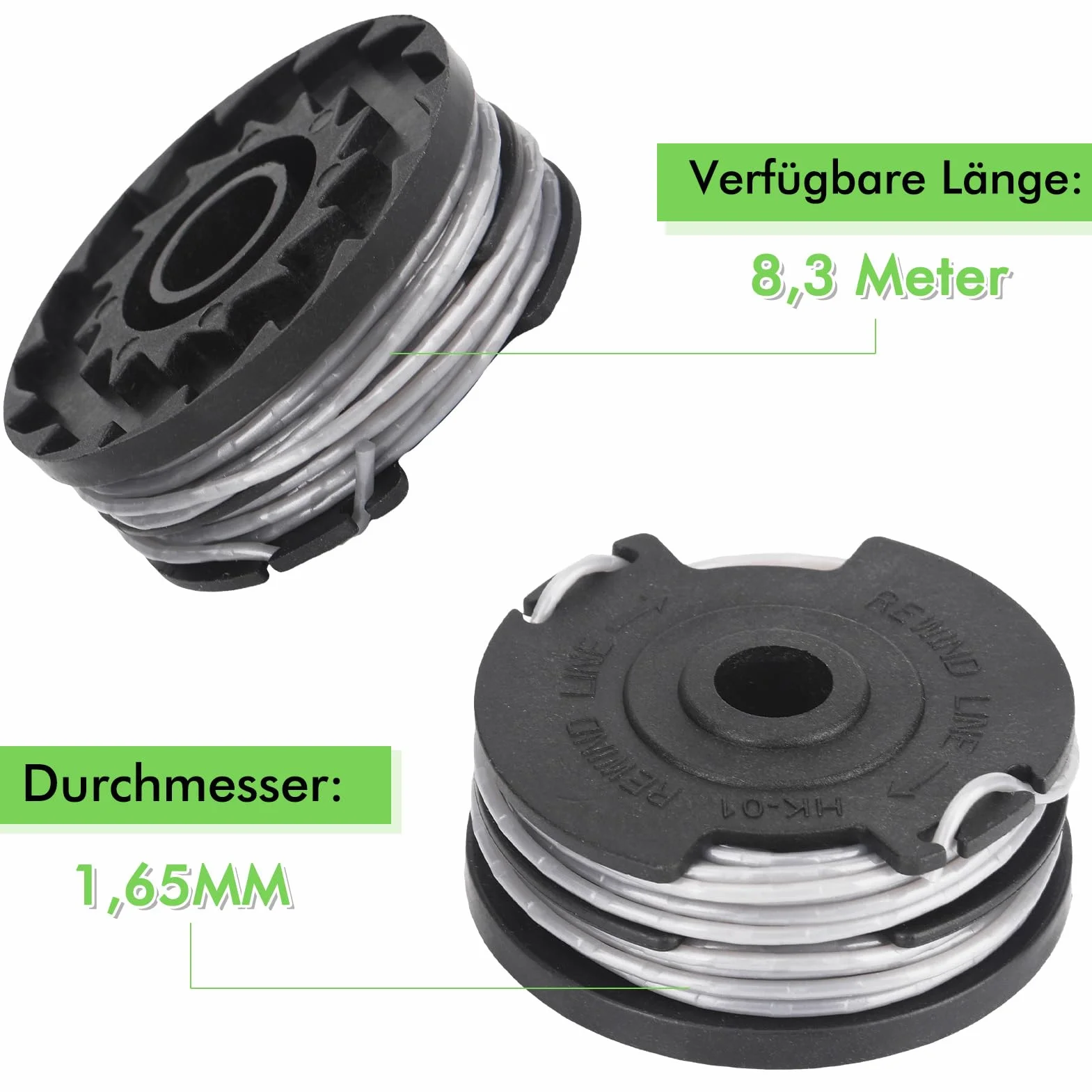 Bobina di filo da 8,3 m e 1,65 mm, compatibile con decespugliatore cordless Greenworks 40V G40LT/ G40LTK2/ G40LTK2x / 2101507/2101507UA/2101507UC (6 bobine + 2 coperture bobina)